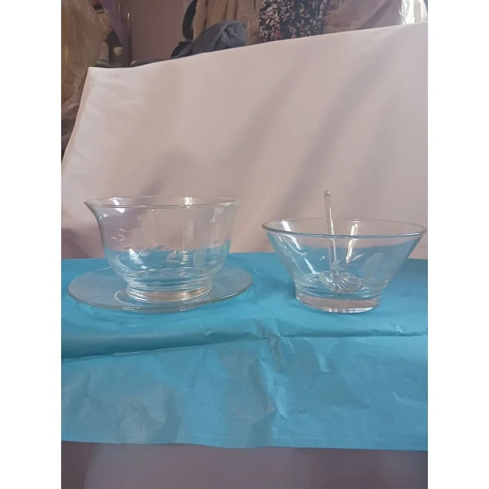 Princess House Crystal Heritage 4 pcs  condiment set bowls,plate,shell spoon